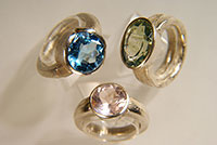 drei Ringe, Silber 935, Ossa-Sepia-Technik, Topas, Prasiolith, Rosenquarz